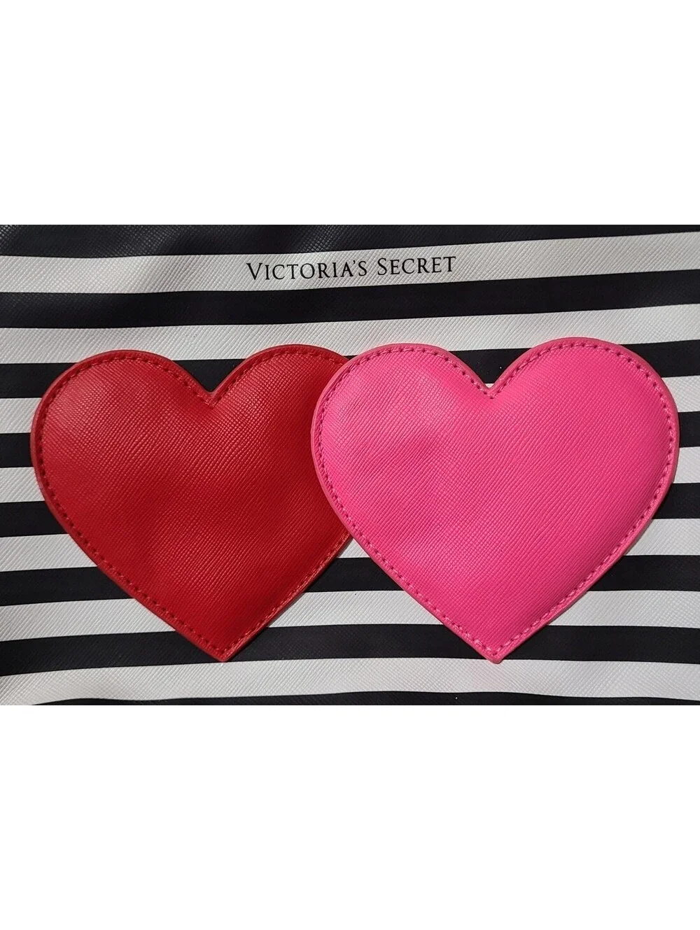 Victoria's Secrets Makeup Cosmetic Bag Sz Medium Balck White Striped Hearts EUC